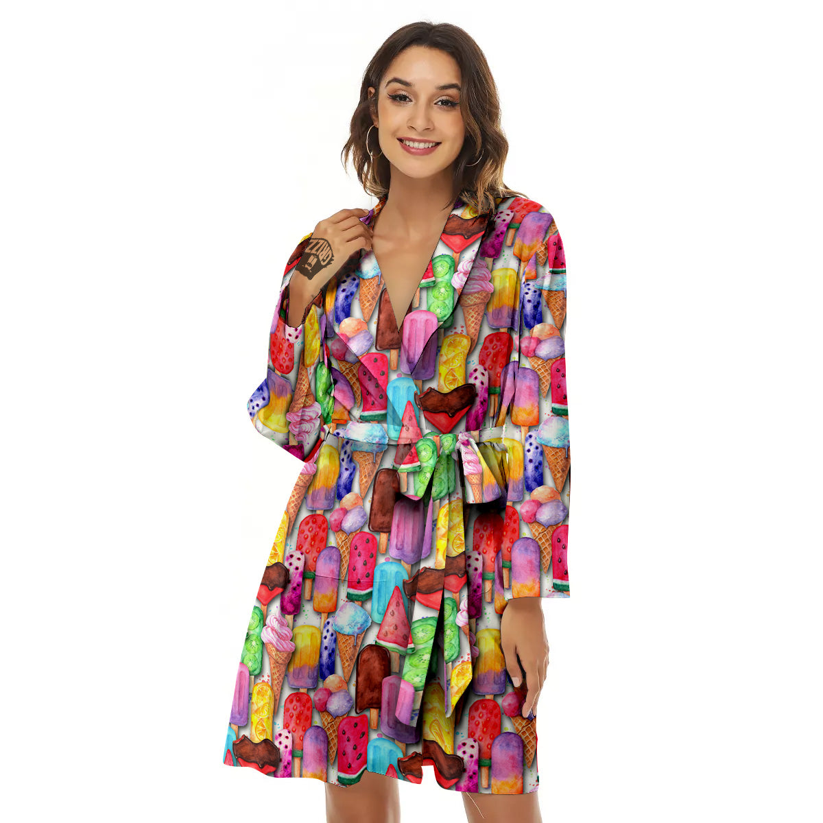 Watercolor Ice Cream Print Pattern Women's Robe-grizzshop