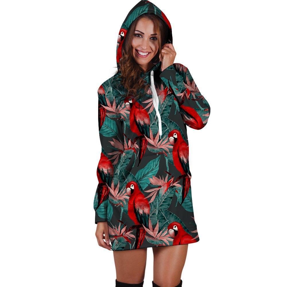 Watercolor Parrot Tropical Print Hoodie Dress-grizzshop