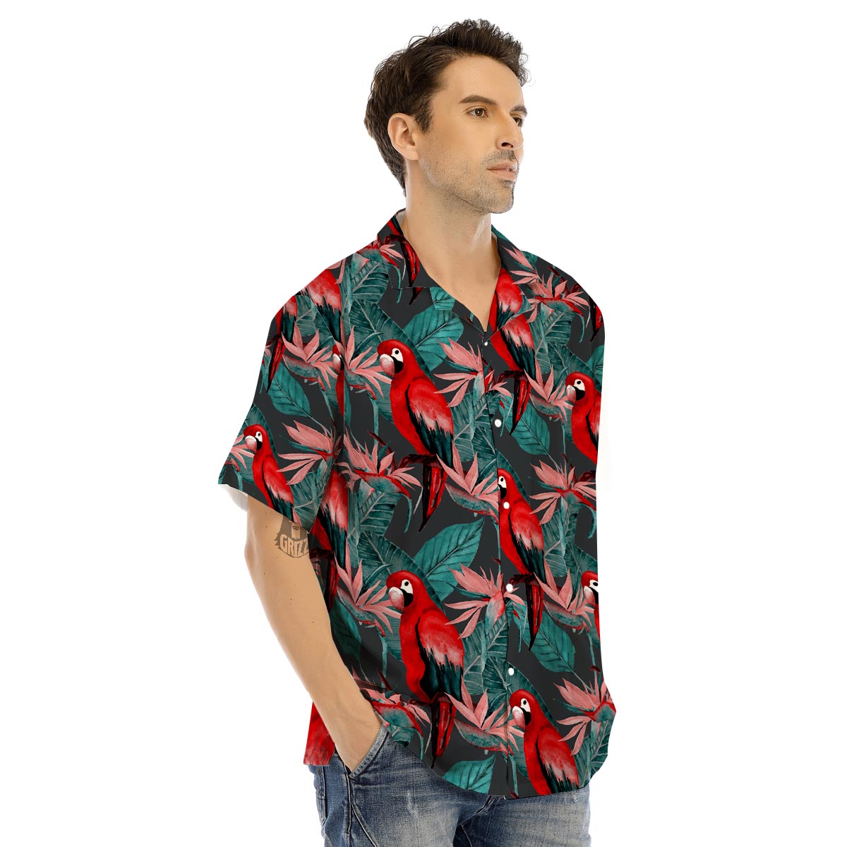 Watercolor Parrot Tropical Print Men’s Hawaiian Shirt-grizzshop