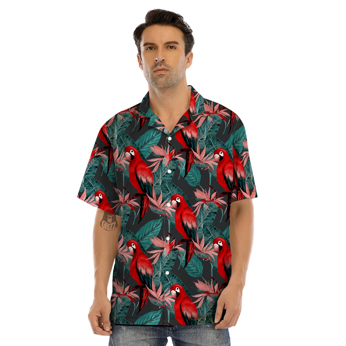 Watercolor Parrot Tropical Print Men’s Hawaiian Shirt-grizzshop