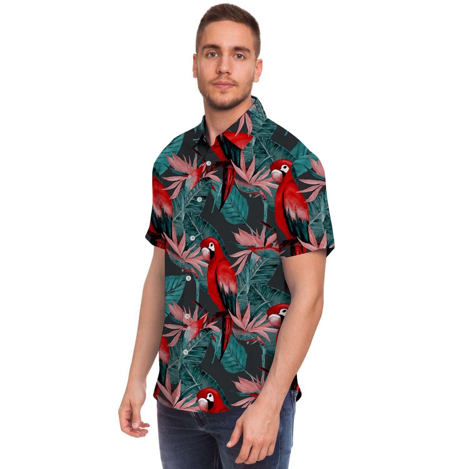 Watercolor Parrot Tropical Print Men's Short Sleeve Shirt-grizzshop