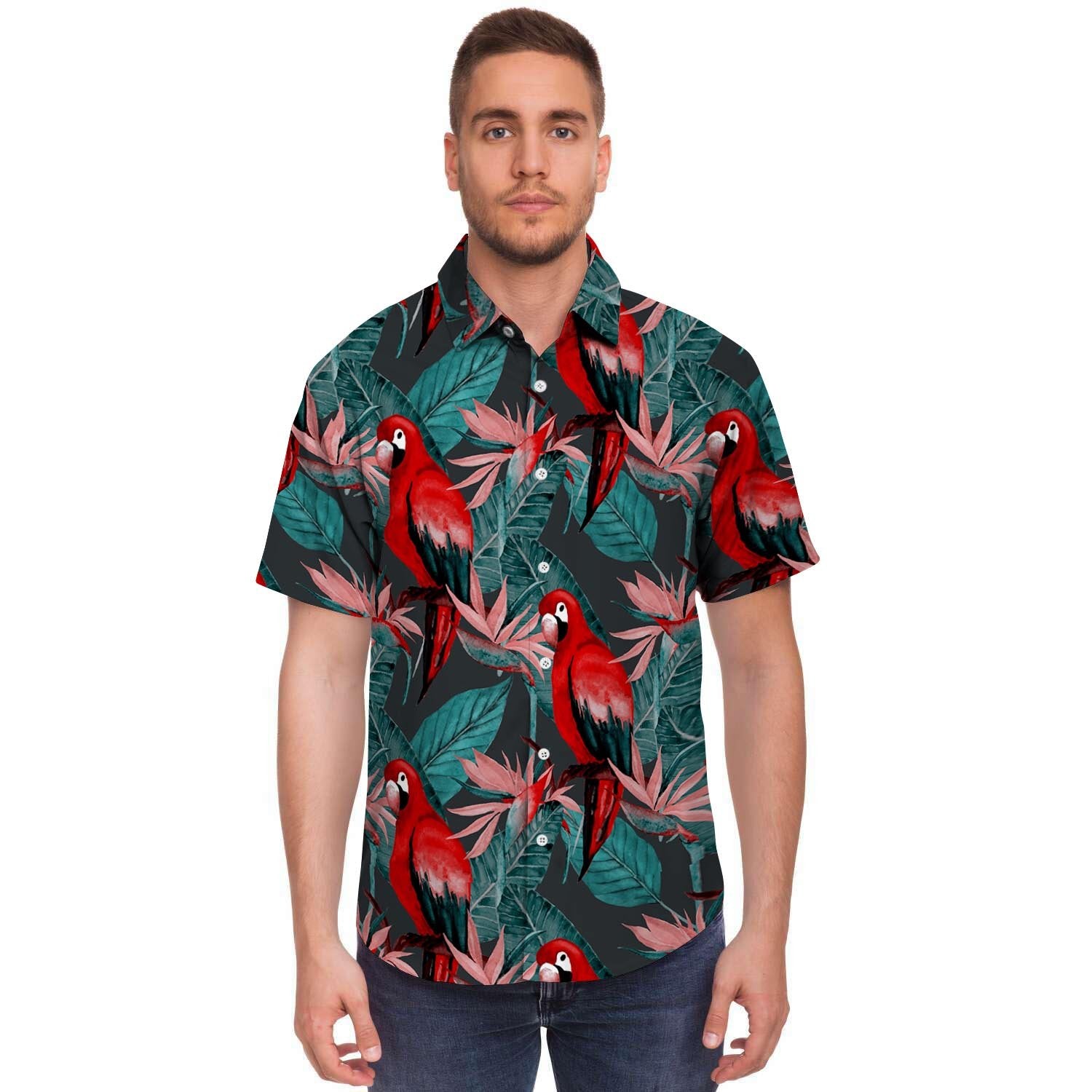 Watercolor Parrot Tropical Print Men's Short Sleeve Shirt-grizzshop