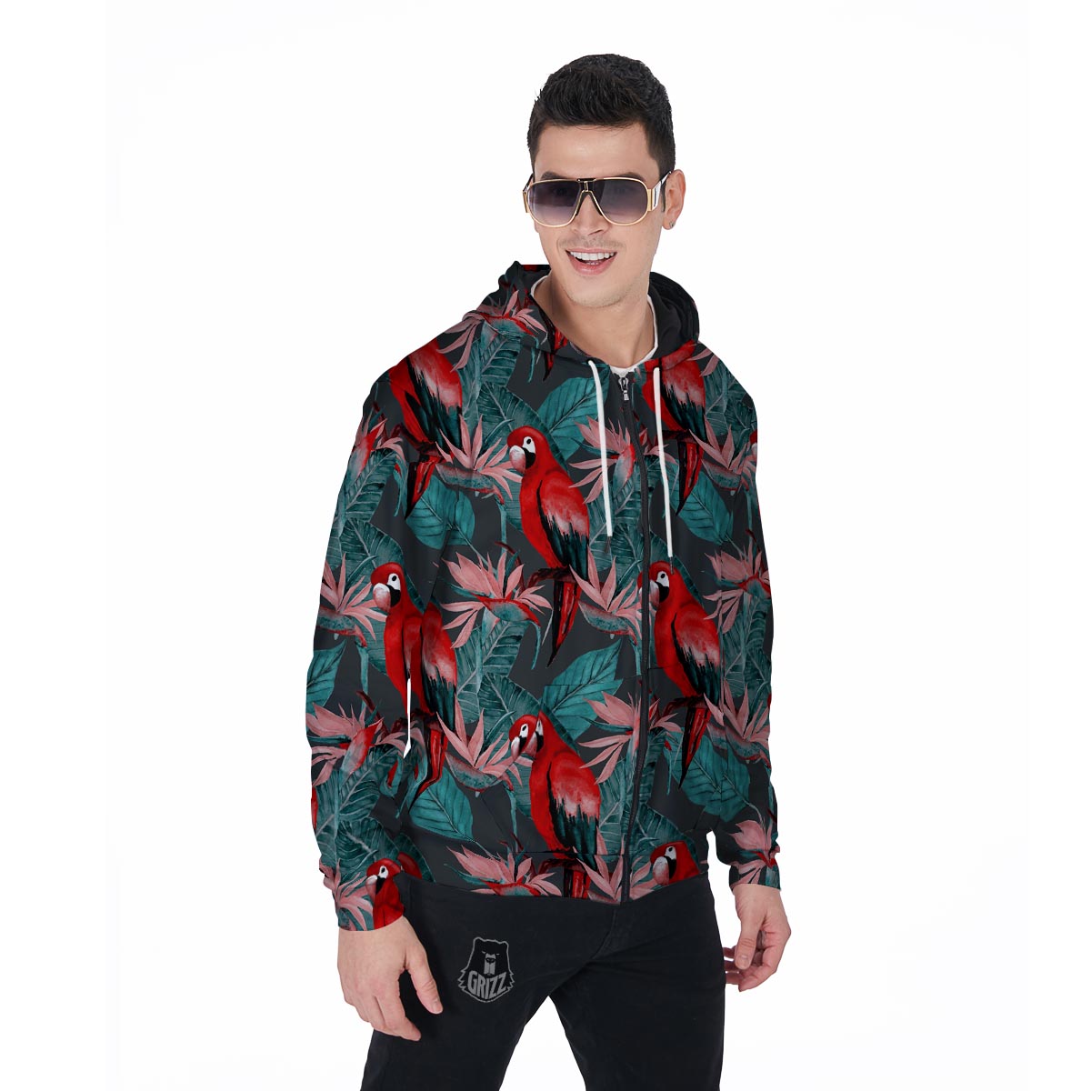 Watercolor Parrot Tropical Print Men's Zip Up Hoodie-grizzshop