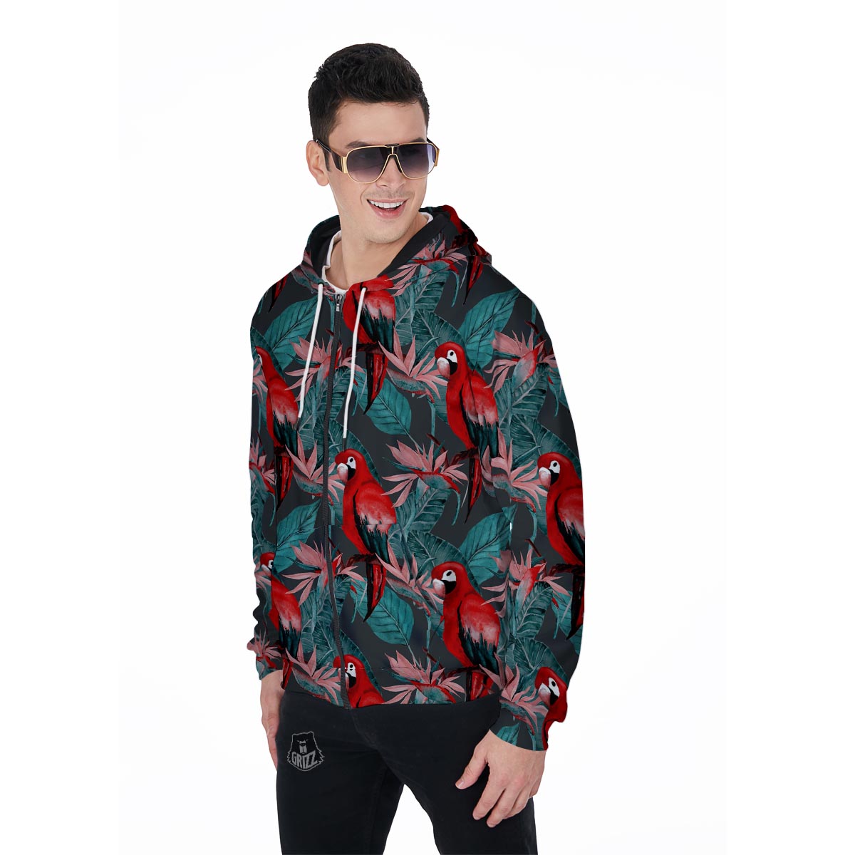 Watercolor Parrot Tropical Print Men's Zip Up Hoodie-grizzshop