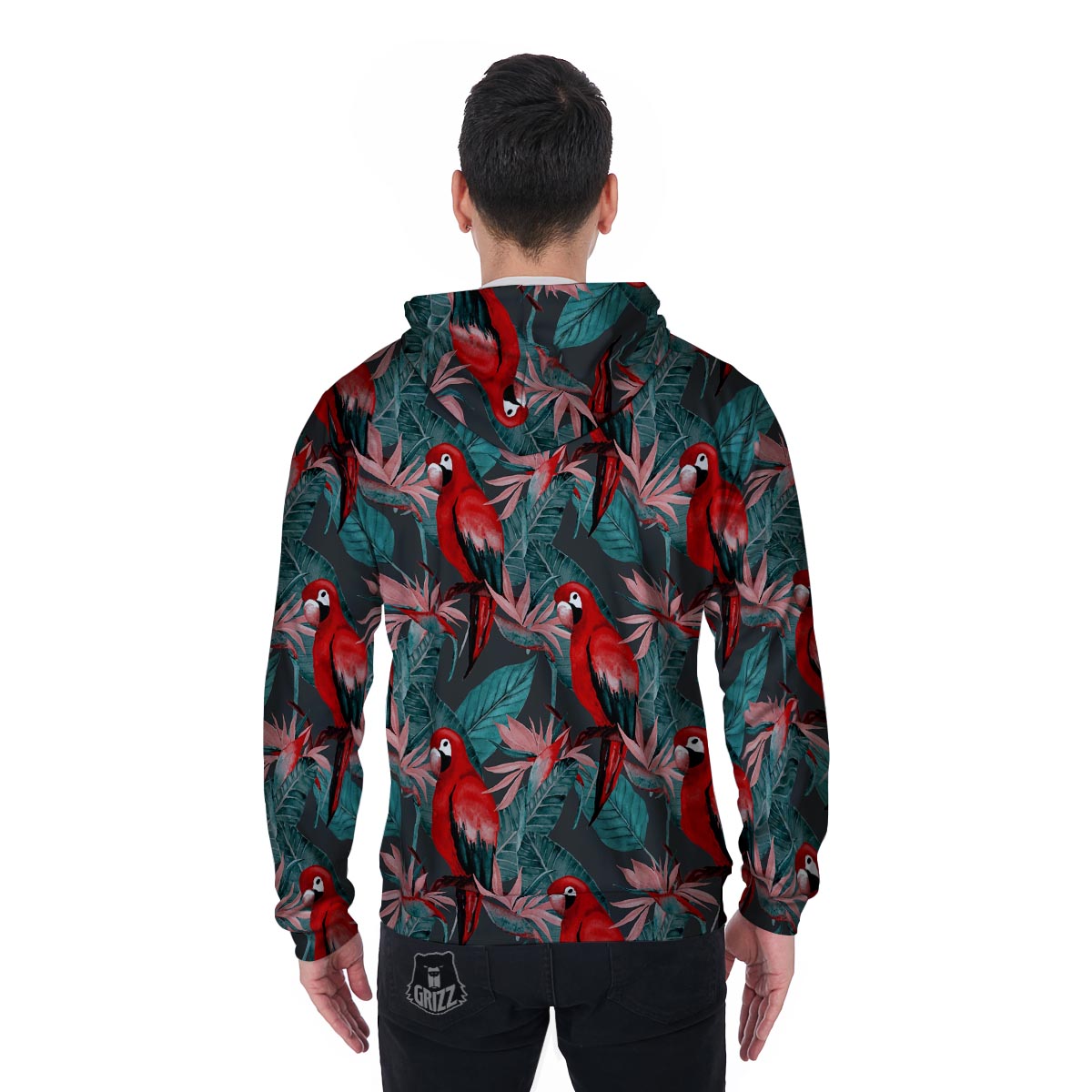 Watercolor Parrot Tropical Print Men's Zip Up Hoodie-grizzshop