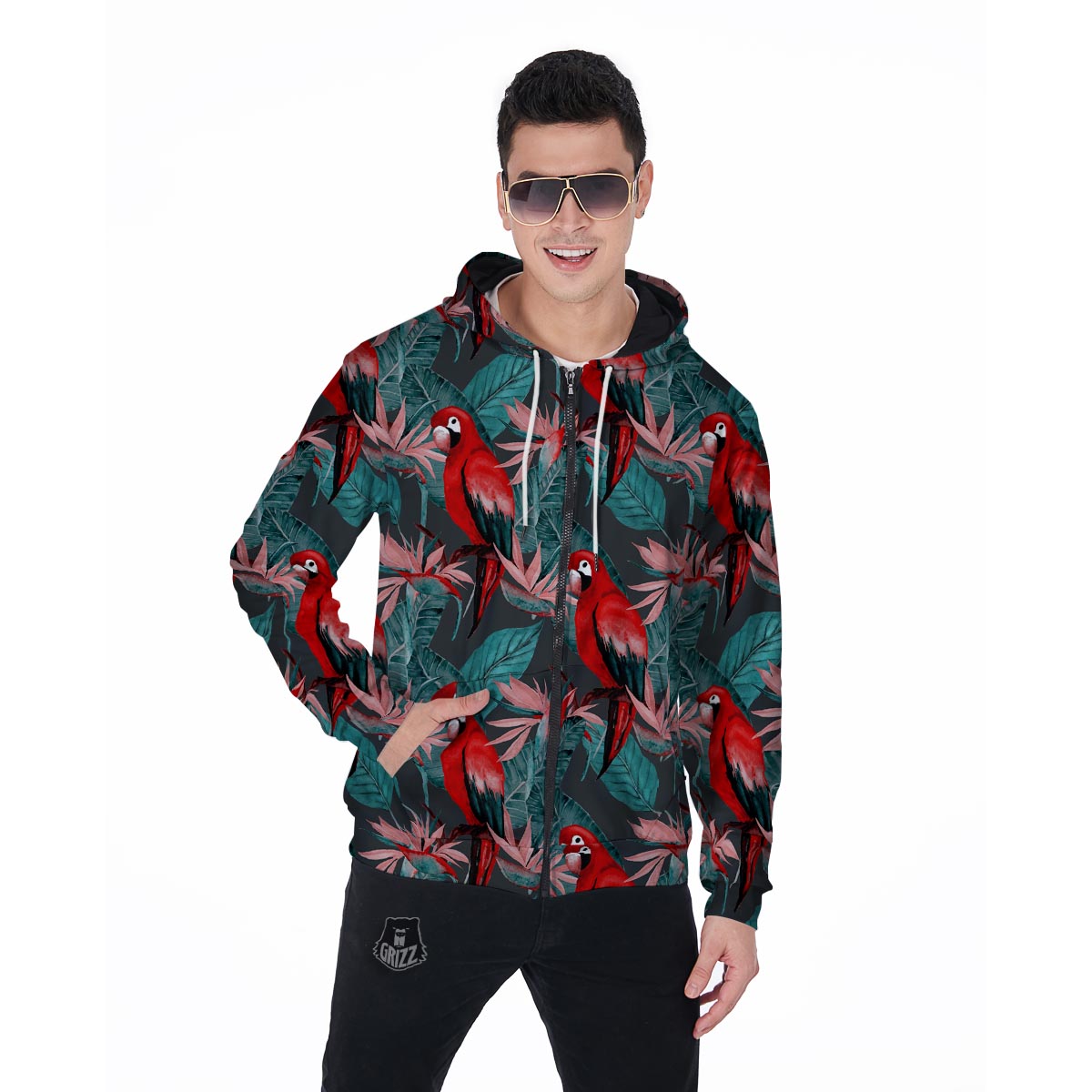Watercolor Parrot Tropical Print Men's Zip Up Hoodie-grizzshop