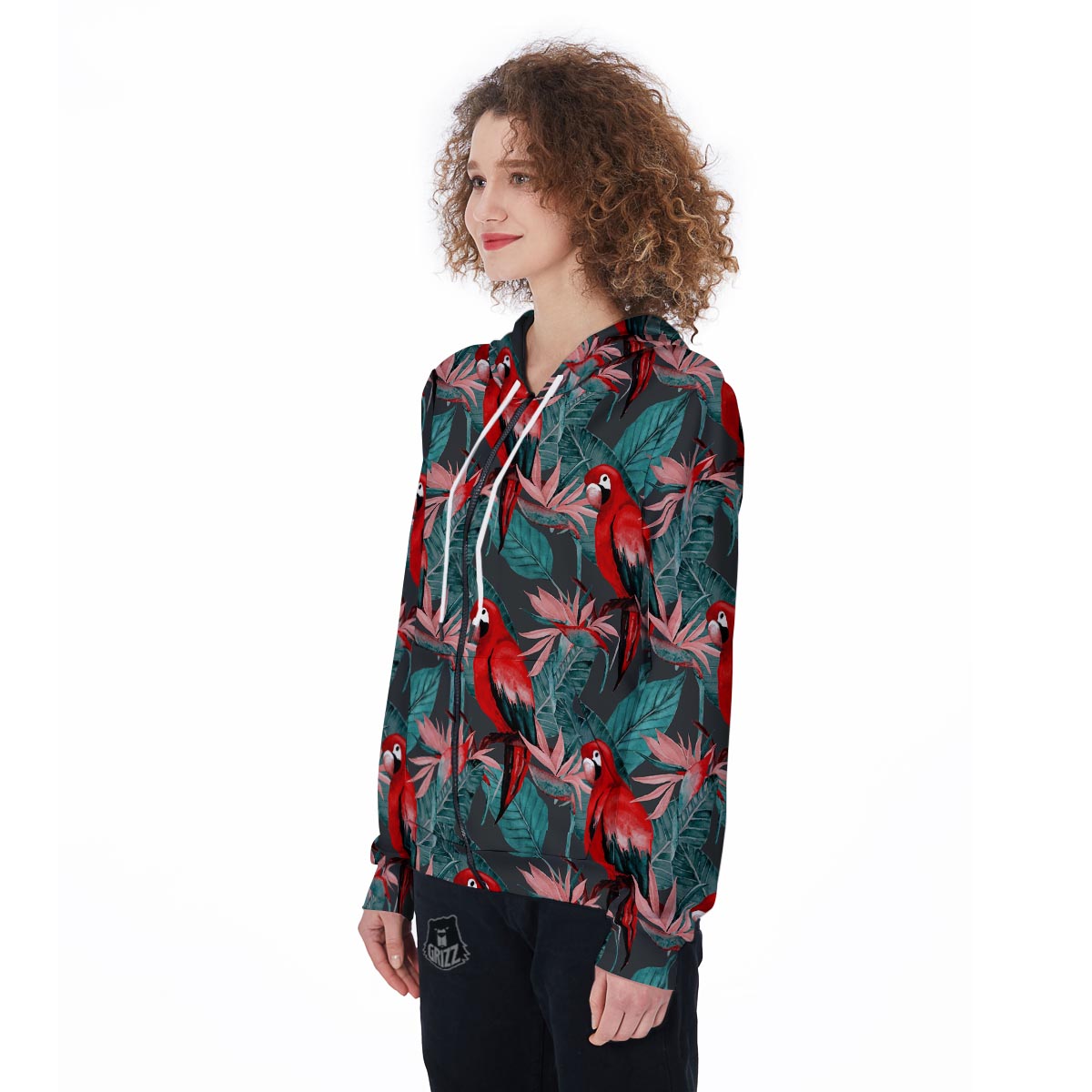 Watercolor Parrot Tropical Print Women's Zip Up Hoodie-grizzshop