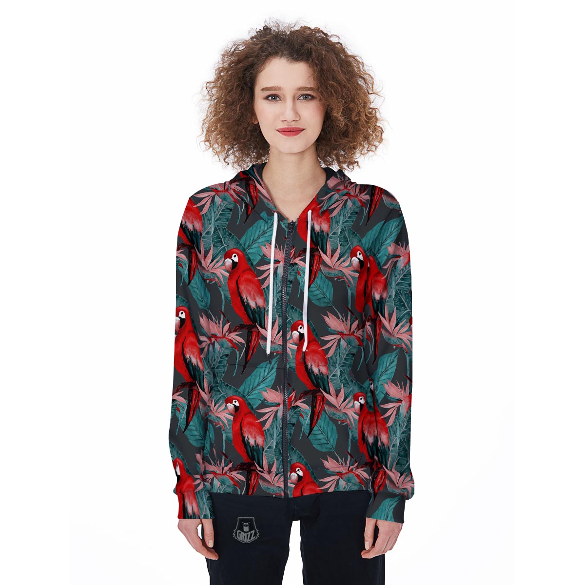 Watercolor Parrot Tropical Print Women's Zip Up Hoodie-grizzshop