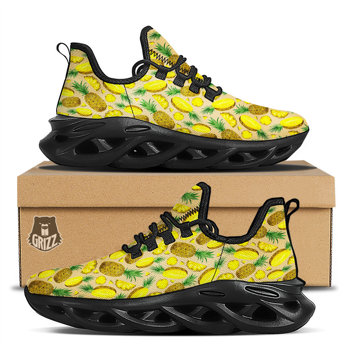 Watercolor Pineapple Beige Print Pattern Black Running Shoes-grizzshop