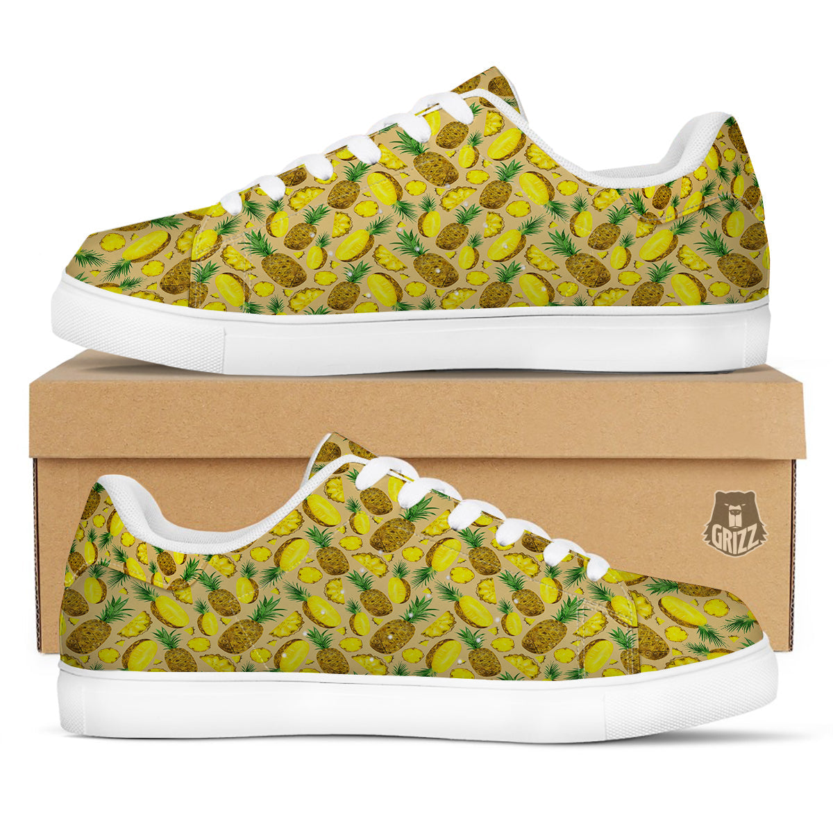Watercolor Pineapple Beige Print Pattern White Low Top Sneakers-grizzshop