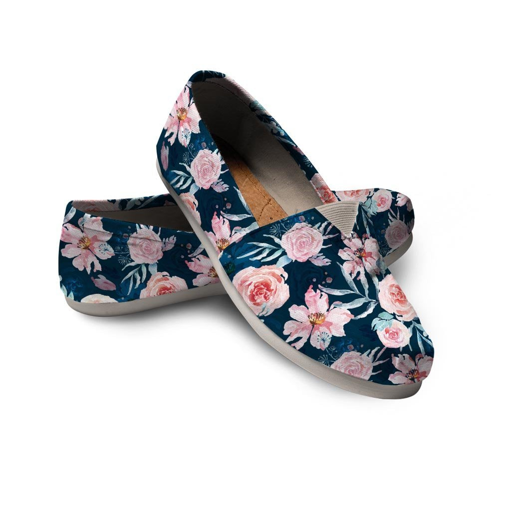 Watercolor Pink Rose Floral Canvas Shoes-grizzshop