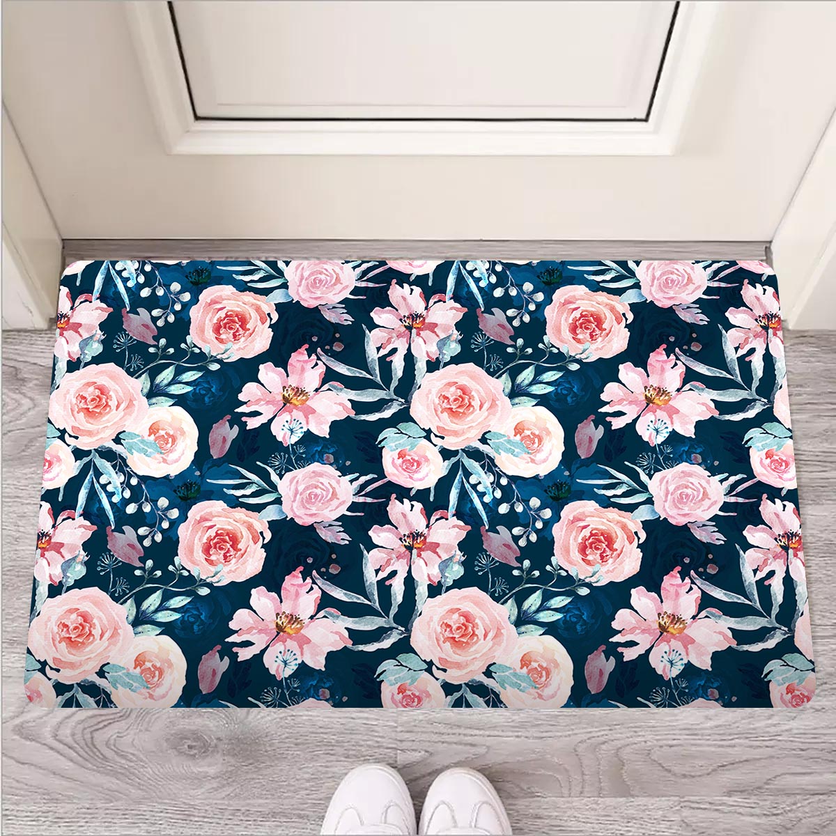 Watercolor Pink Rose Floral Door Mat-grizzshop