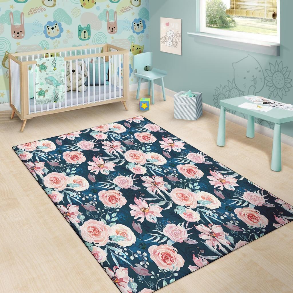 Watercolor Pink Rose Floral Floor Mat-grizzshop