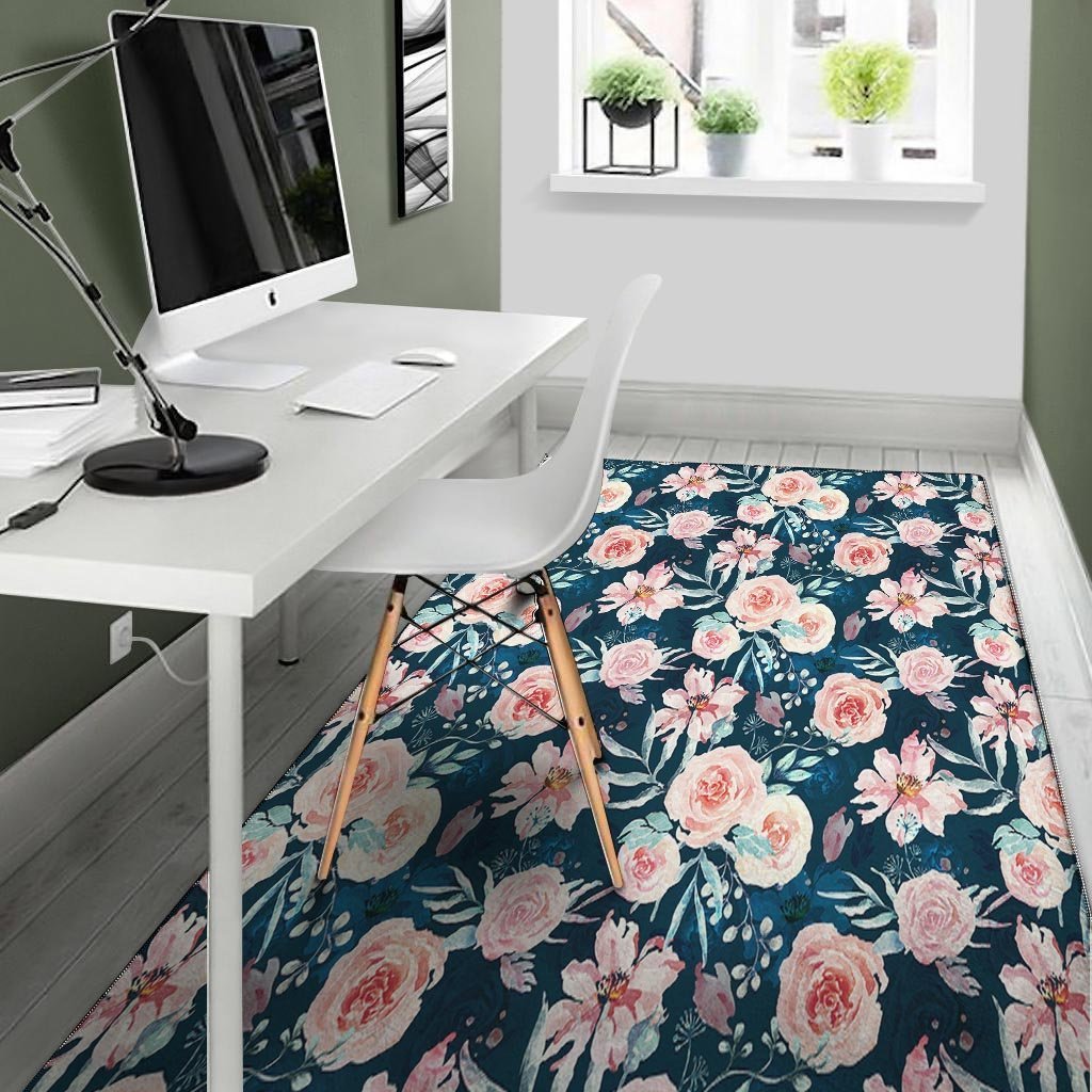 Watercolor Pink Rose Floral Floor Mat-grizzshop