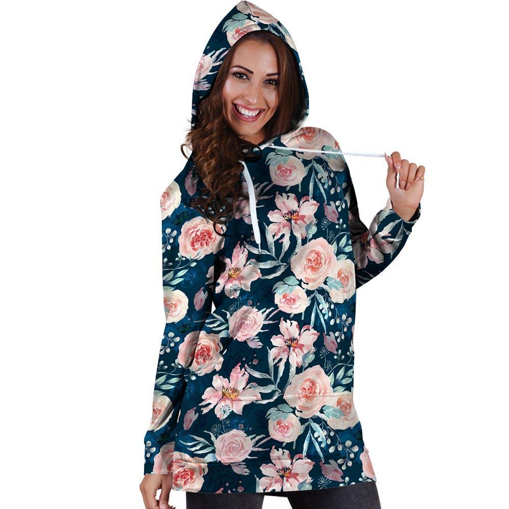 Watercolor Pink Rose Floral Hoodie Dress-grizzshop