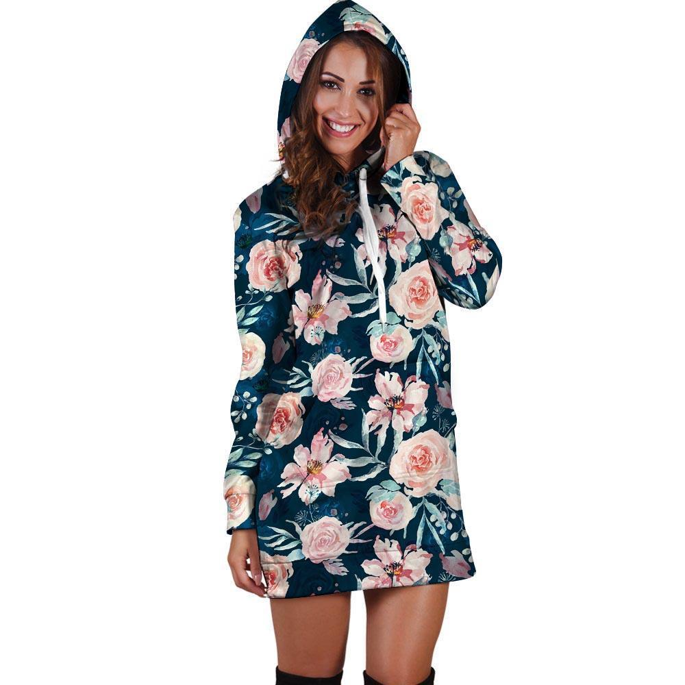 Watercolor Pink Rose Floral Hoodie Dress-grizzshop