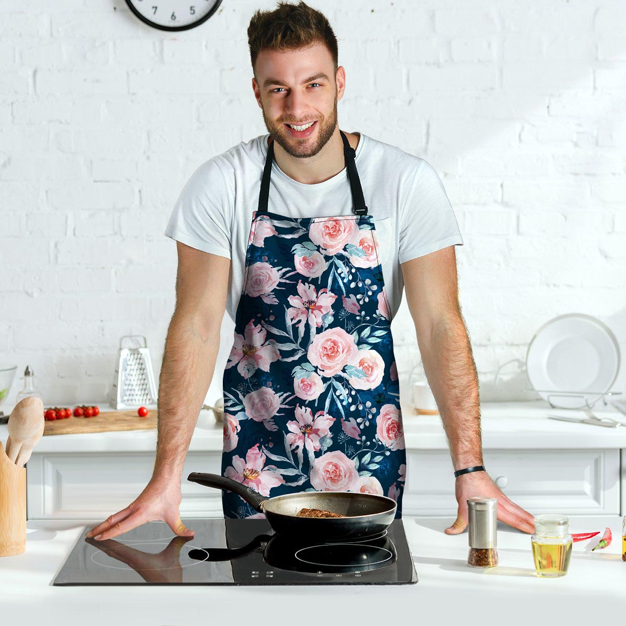 Watercolor Pink Rose Floral Men's Apron-grizzshop