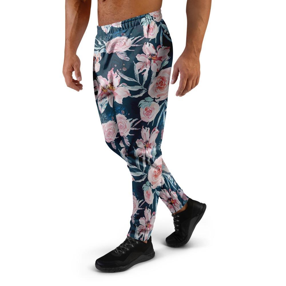 Watercolor Pink Rose Floral Men's Joggers-grizzshop
