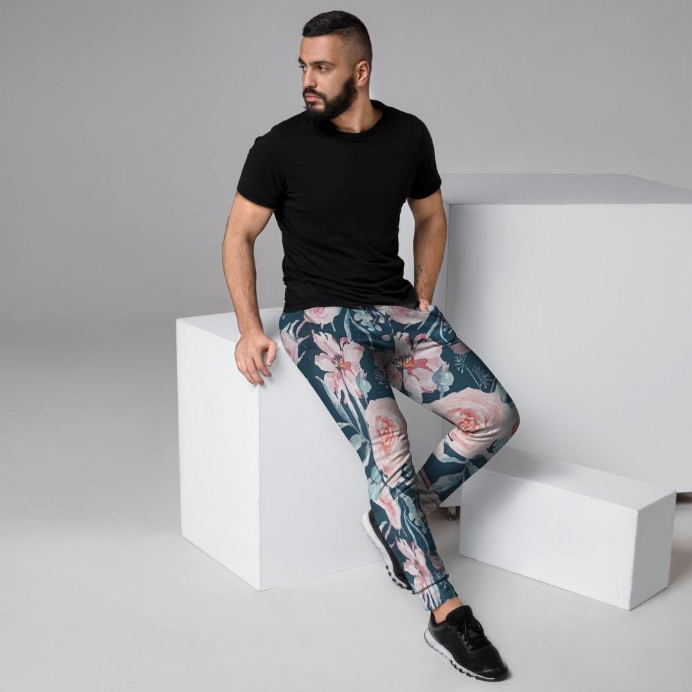 Watercolor Pink Rose Floral Men's Joggers-grizzshop
