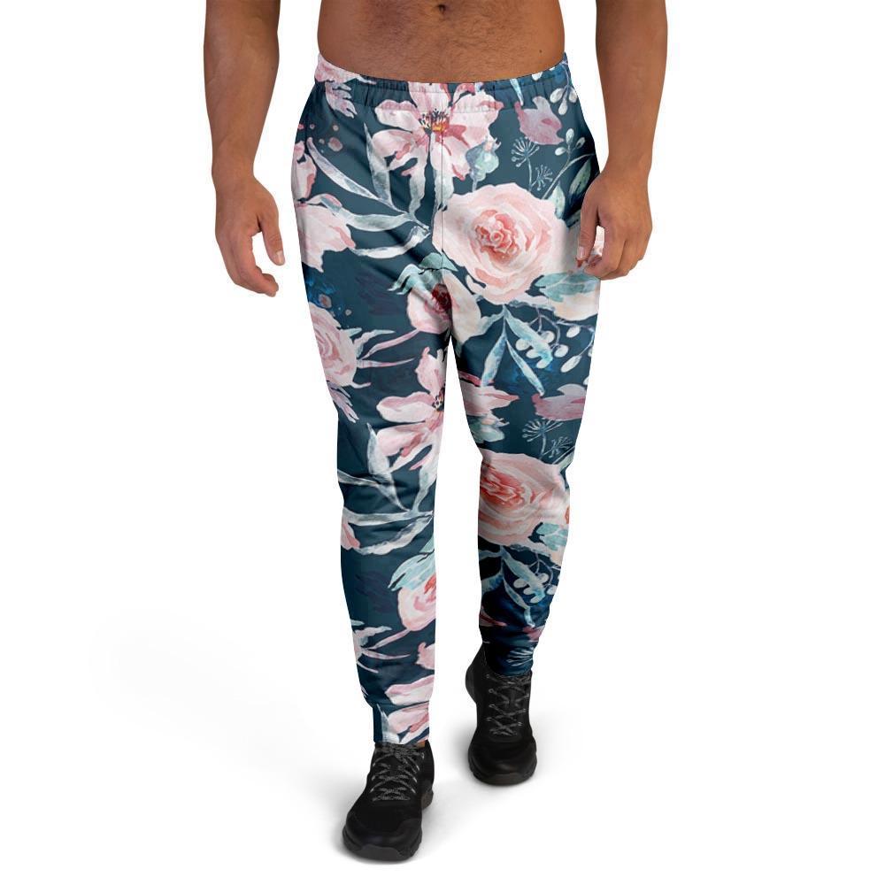 Watercolor Pink Rose Floral Men's Joggers-grizzshop