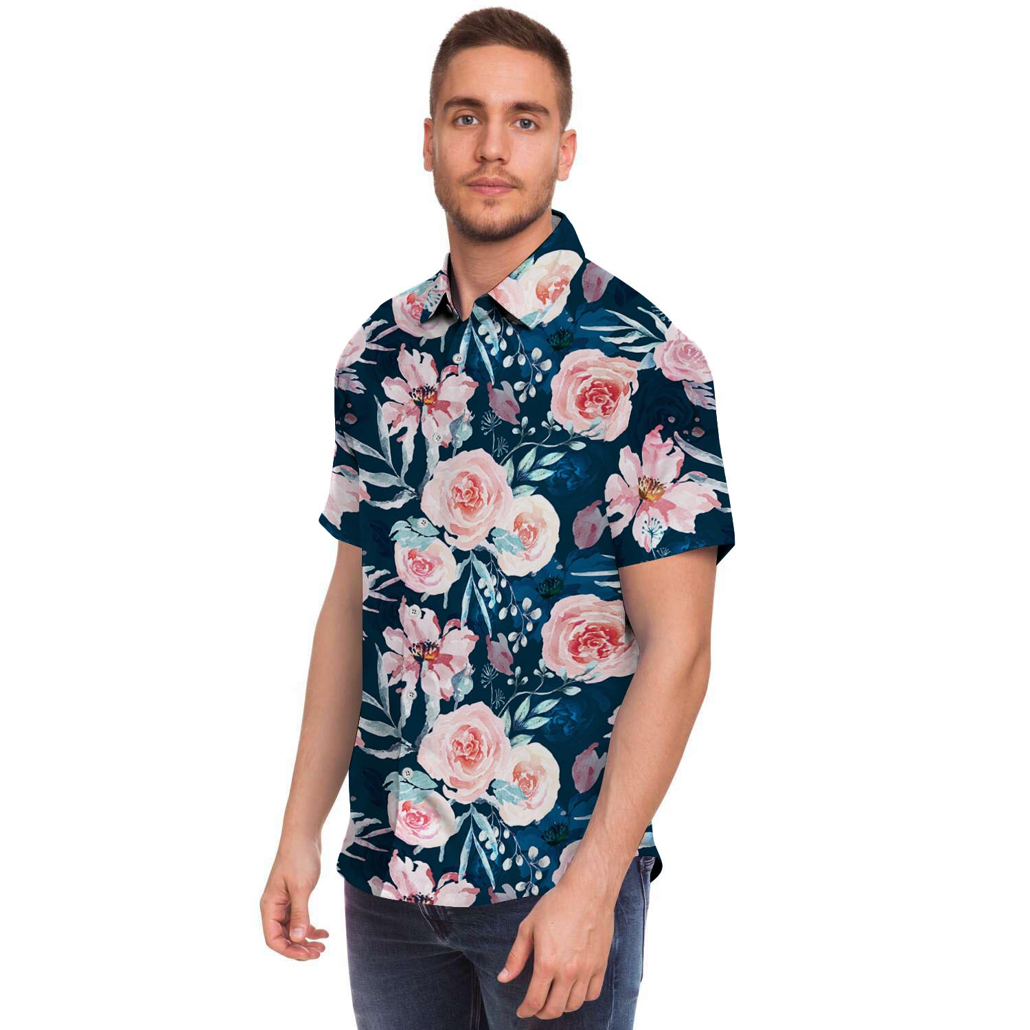 Watercolor Pink Rose Floral Men's Short Sleeve Shirt-grizzshop