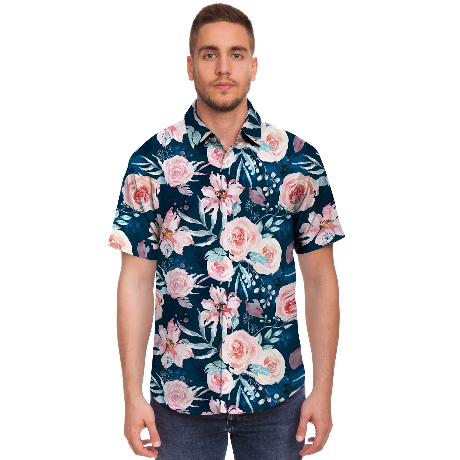 Watercolor Pink Rose Floral Men's Short Sleeve Shirt-grizzshop