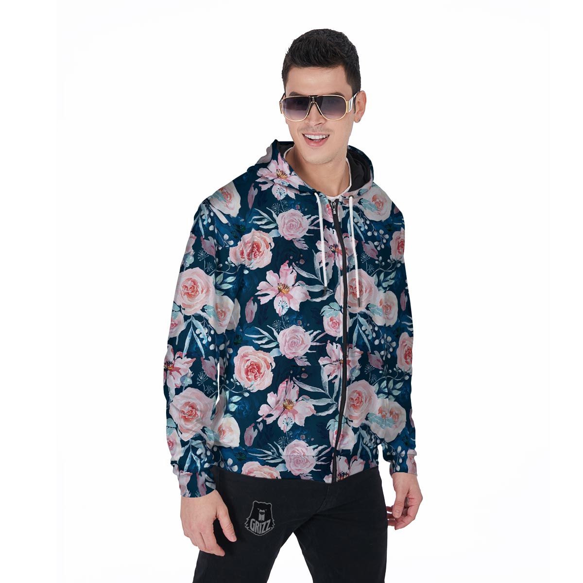 Watercolor Pink Rose Floral Men's Zip Up Hoodie-grizzshop