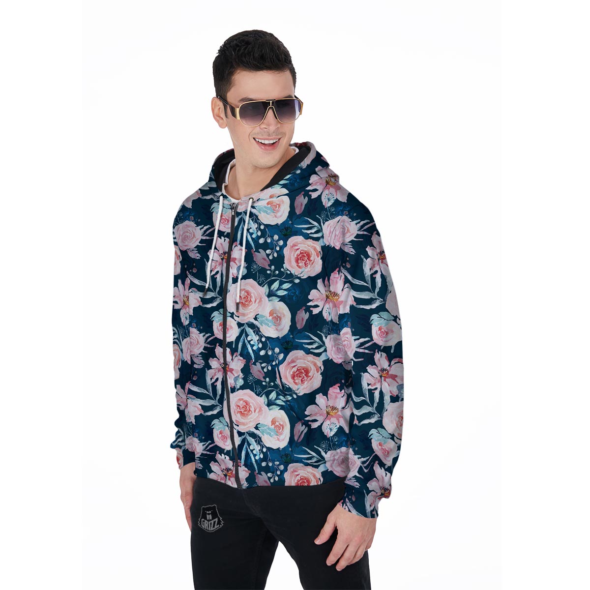 Watercolor Pink Rose Floral Men's Zip Up Hoodie-grizzshop