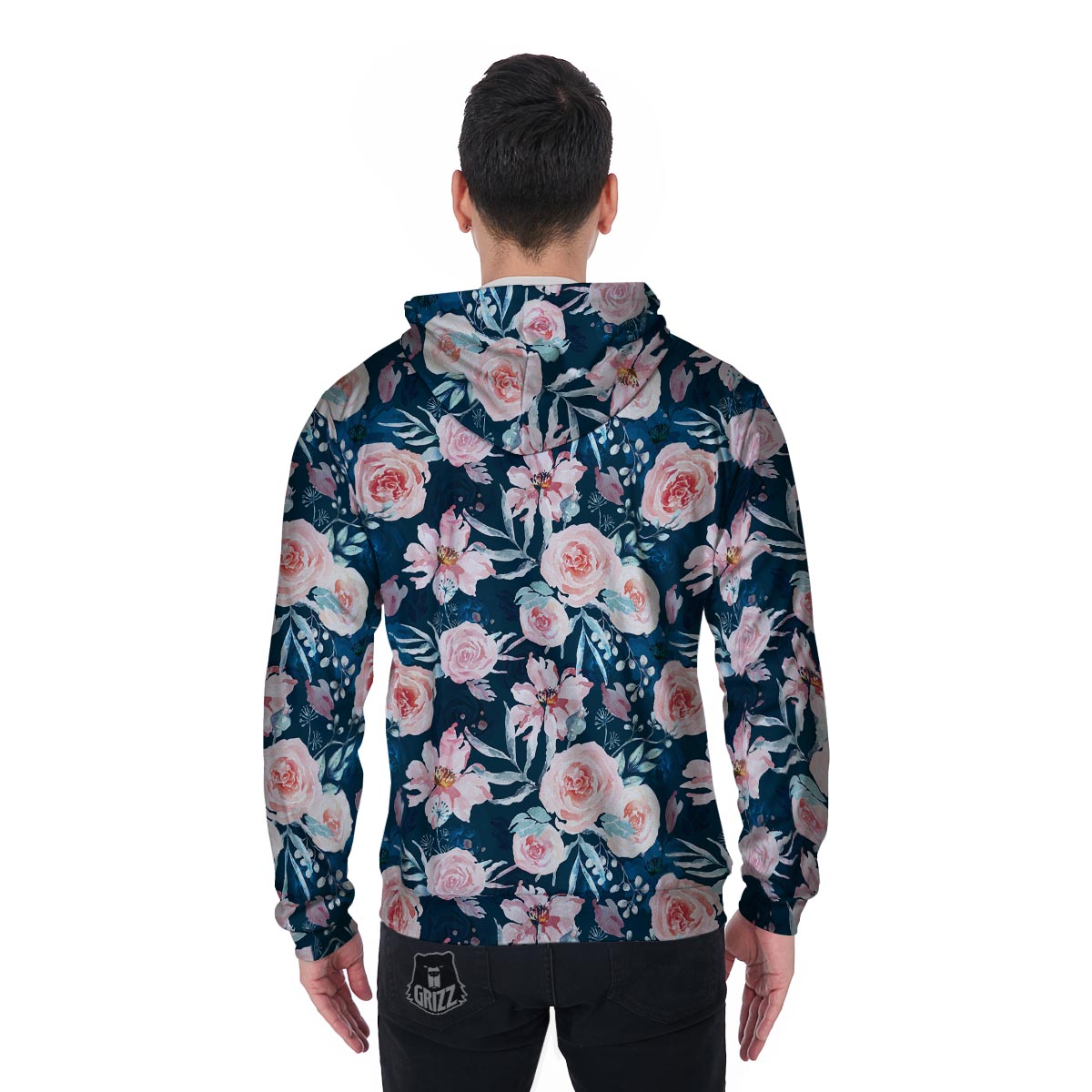 Watercolor Pink Rose Floral Men's Zip Up Hoodie-grizzshop