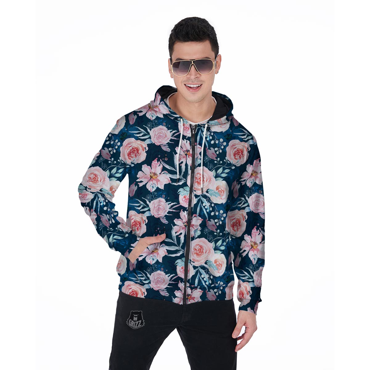 Watercolor Pink Rose Floral Men's Zip Up Hoodie-grizzshop