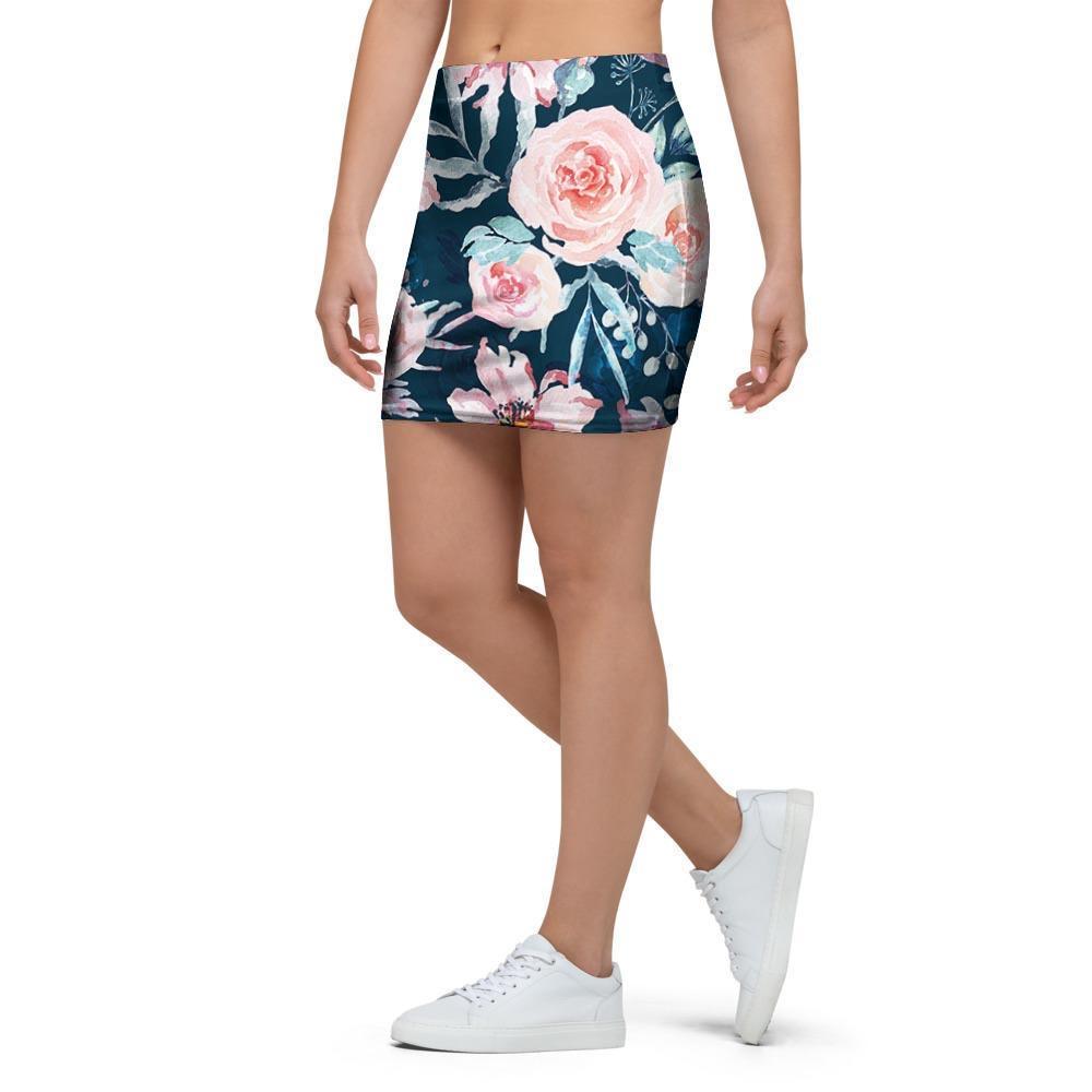 Watercolor Pink Rose Floral Mini Skirt-grizzshop