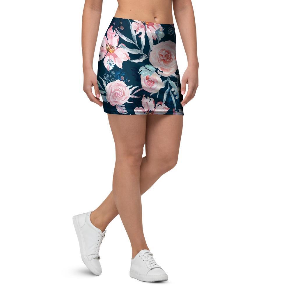 Watercolor Pink Rose Floral Mini Skirt-grizzshop