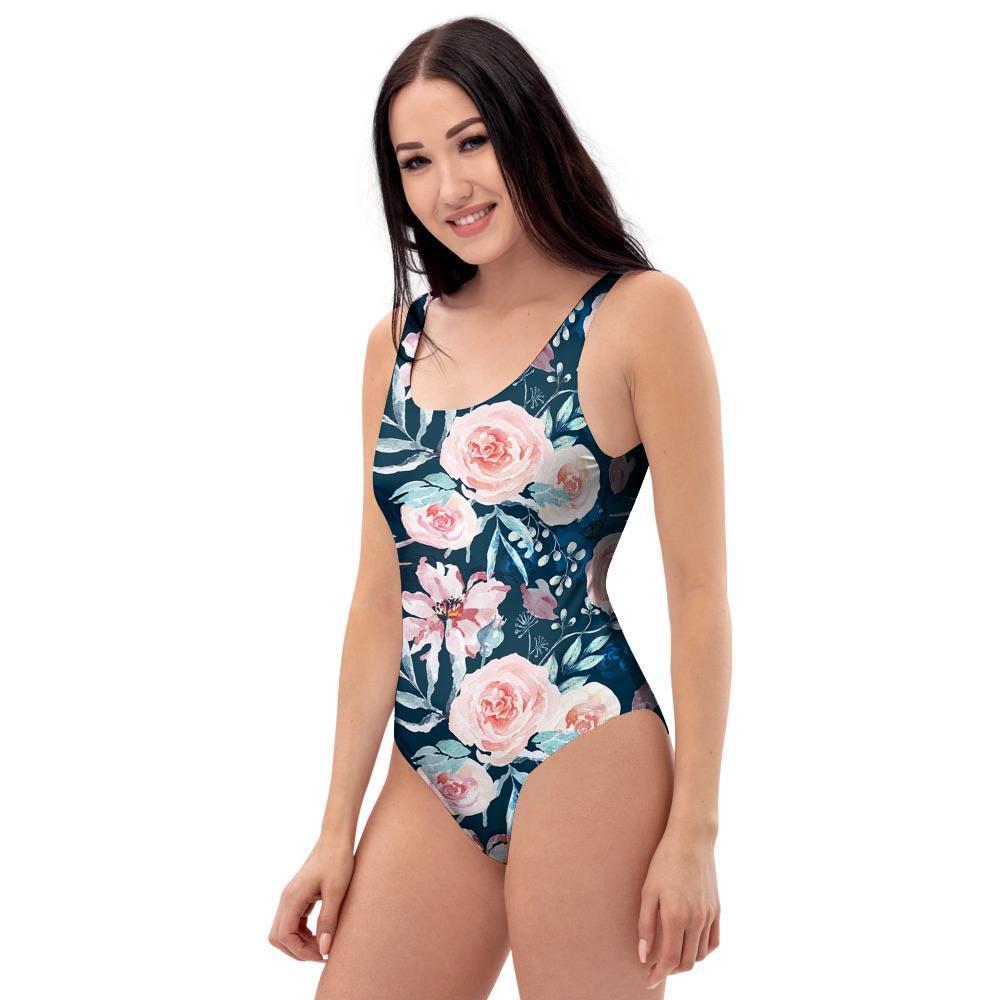 Watercolor Pink Rose Floral One Piece Swimsuite-grizzshop