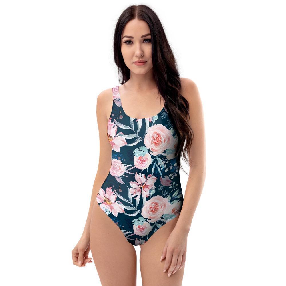 Watercolor Pink Rose Floral One Piece Swimsuite-grizzshop