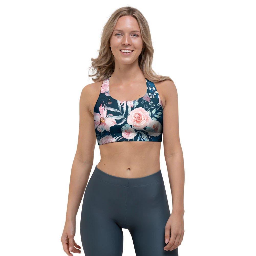 Watercolor Pink Rose Floral Sports Bra-grizzshop