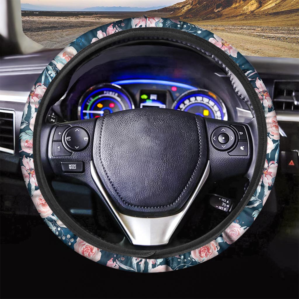 Watercolor Pink Rose Floral Steering Wheel Cover-grizzshop