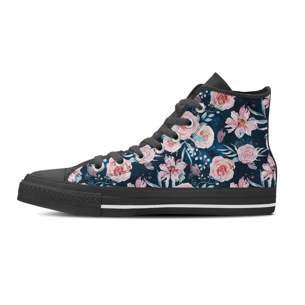Watercolor Pink Rose Floral Women's High Top Shoes-grizzshop