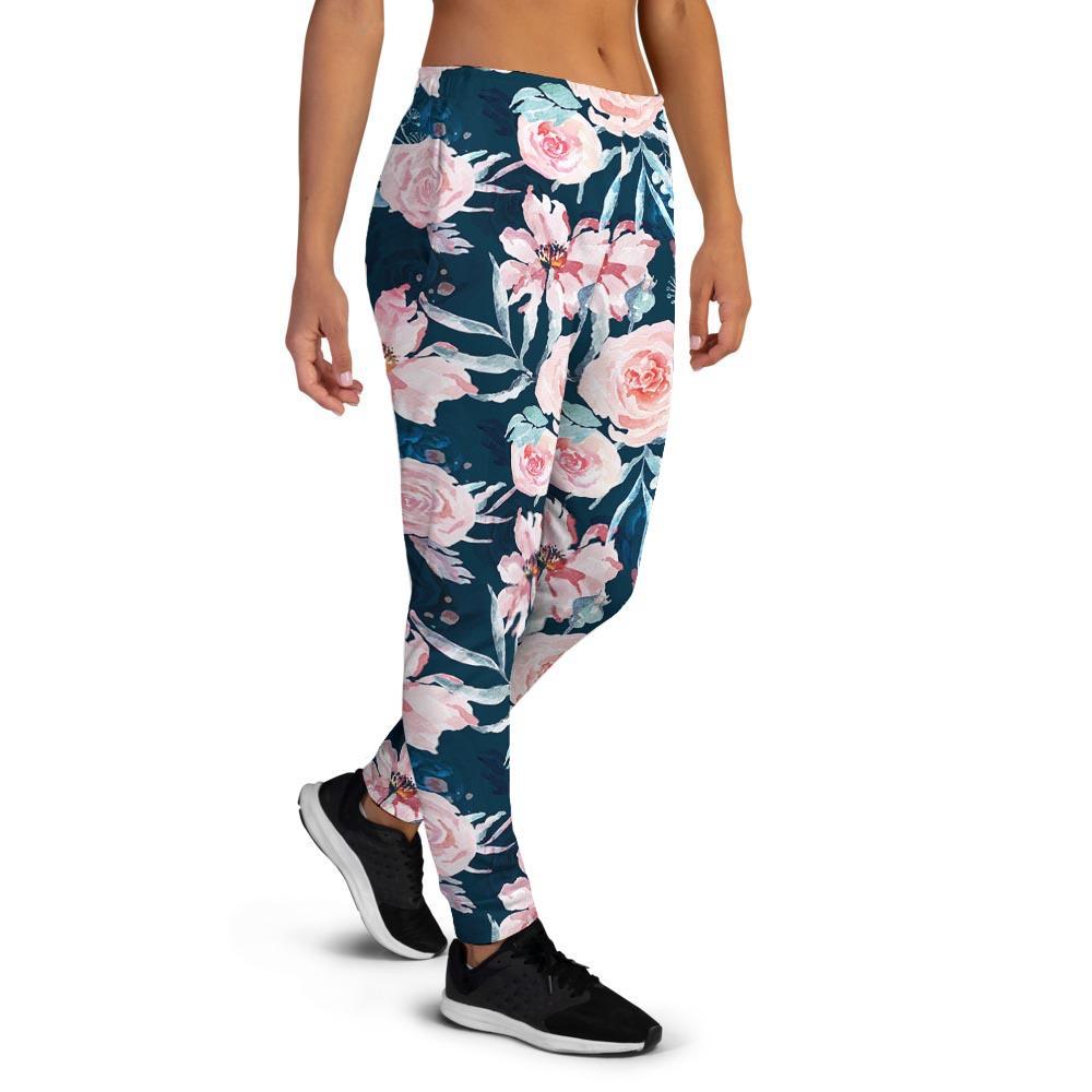 Watercolor Pink Rose Floral Women's Joggers-grizzshop
