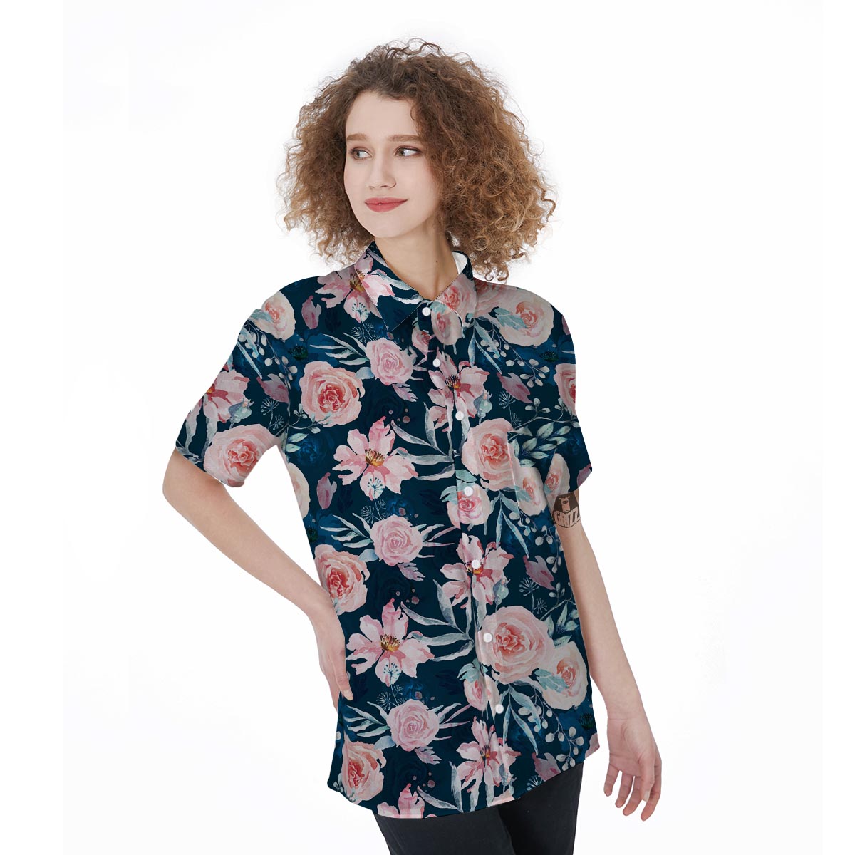 Watercolor Pink Rose Floral Women's Short Sleeve Shirts-grizzshop