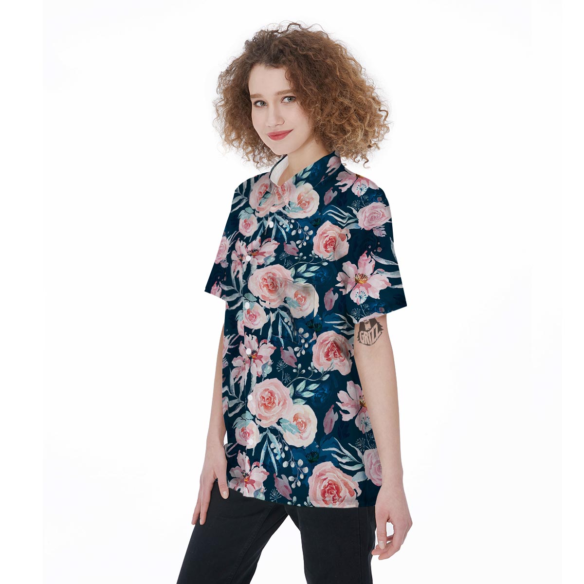 Watercolor Pink Rose Floral Women's Short Sleeve Shirts-grizzshop