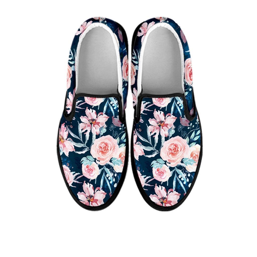 Watercolor Pink Rose Floral Women's Slip On Sneakers-grizzshop