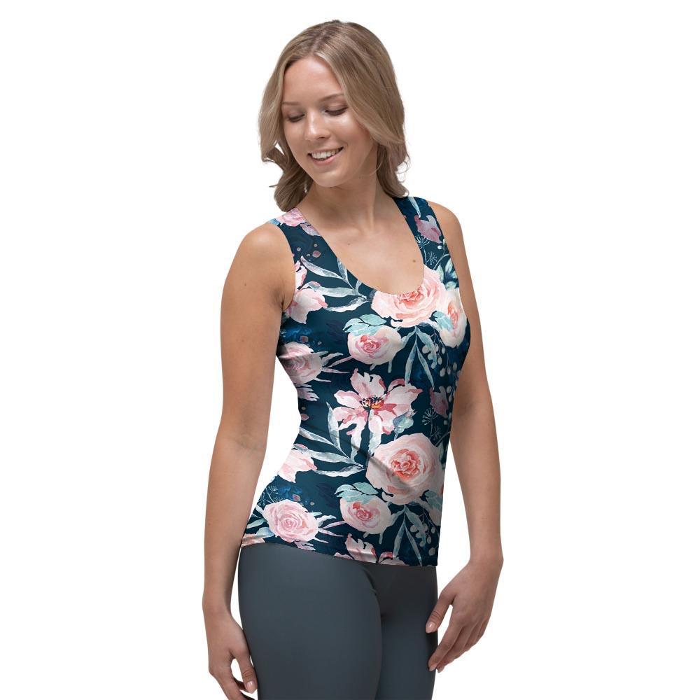 Watercolor Pink Rose Floral Women's Tank Top-grizzshop