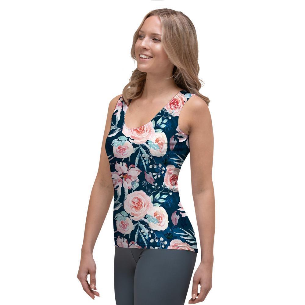 Watercolor Pink Rose Floral Women's Tank Top-grizzshop