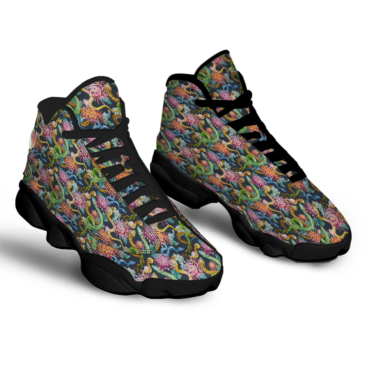Watercolor Snake Chrysanthemum Flowers Print Pattern Black Basketball Shoes-grizzshop