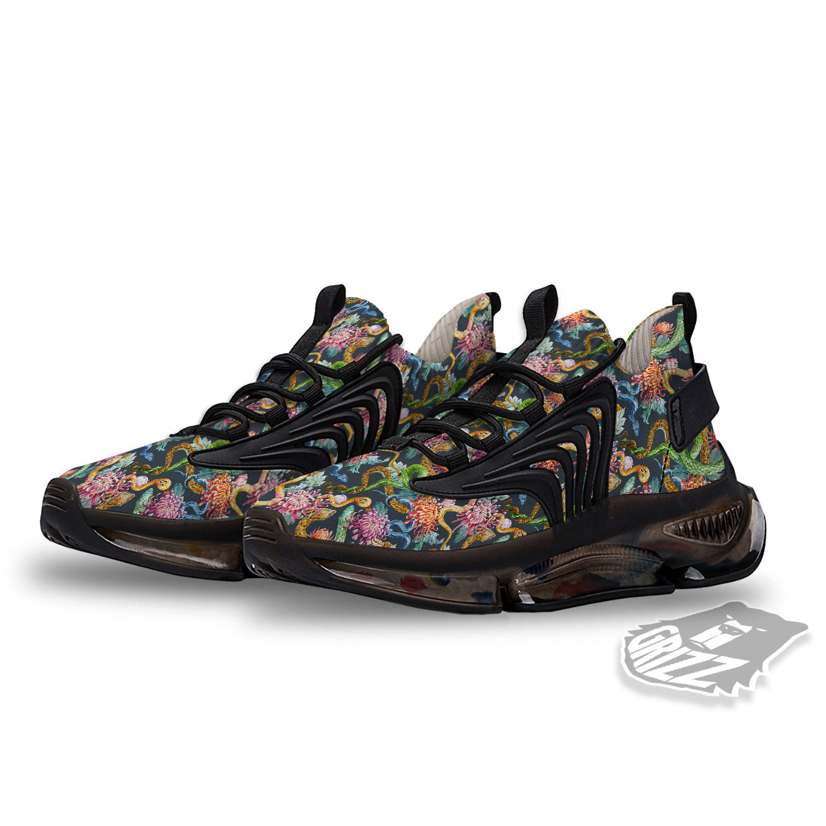 Watercolor Snake Chrysanthemum Flowers Print Pattern Black Gym Shoes-grizzshop