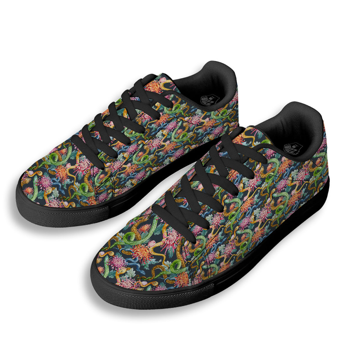 Watercolor Snake Chrysanthemum Flowers Print Pattern Black Low Top Sneakers-grizzshop