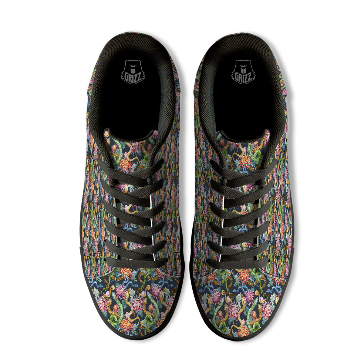 Watercolor Snake Chrysanthemum Flowers Print Pattern Black Low Top Sneakers-grizzshop