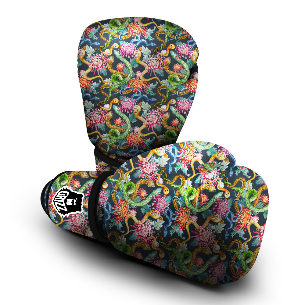Watercolor Snake Chrysanthemum Flowers Print Pattern Boxing Gloves-grizzshop