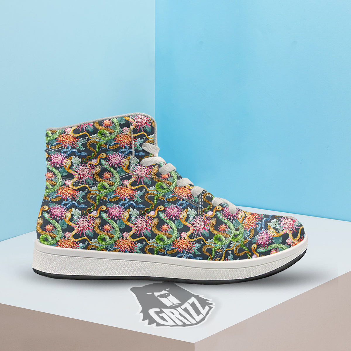 Watercolor Snake Chrysanthemum Flowers Print Pattern High Top Sneakers-grizzshop