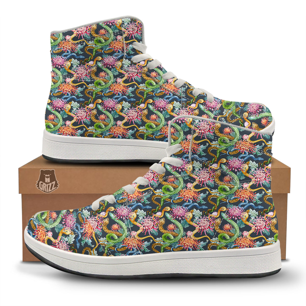 Watercolor Snake Chrysanthemum Flowers Print Pattern High Top Sneakers-grizzshop